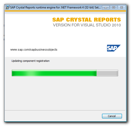 Instalación de SAP Crystal Reports en progreso, actualizando el registro de componentes