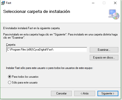 Pantalla Seleccionar carpeta de instalación, con la opción Para todos los usuarios marcada