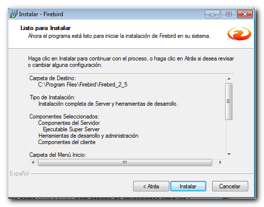 Progreso de la instalación de Firebird