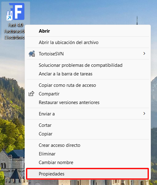 Menú contextual del ícono de Fast en el escritorio, con la opción Propiedades resaltada